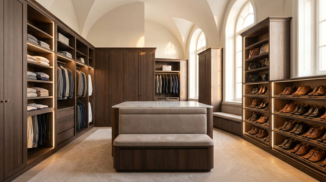 Walk-in wardrobe with central island and hanging zones