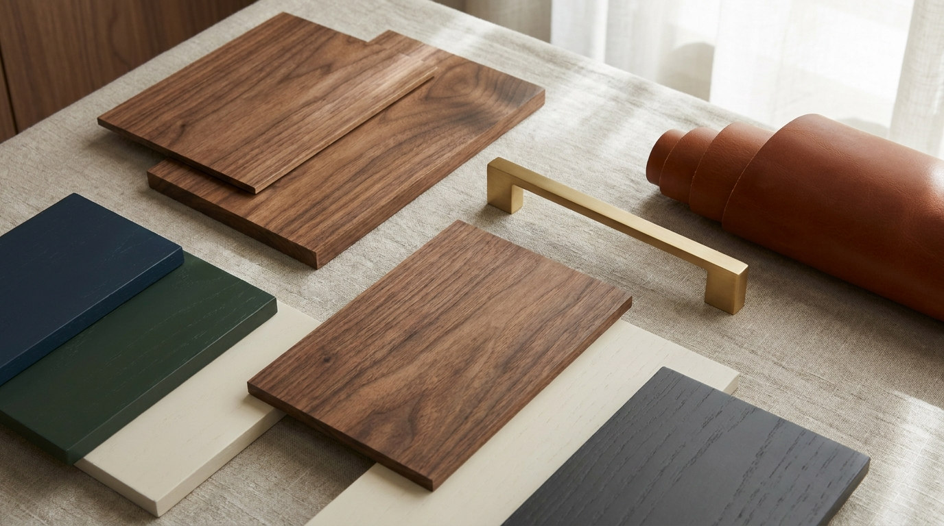 Bespoke wardrobe showing walnut veneer and brushed brass hardware detail
