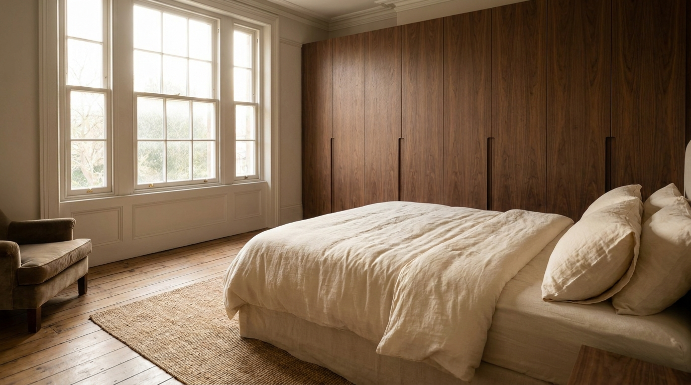 Bespoke fitted wardrobe with walnut doors in a Hertfordshire bedroom