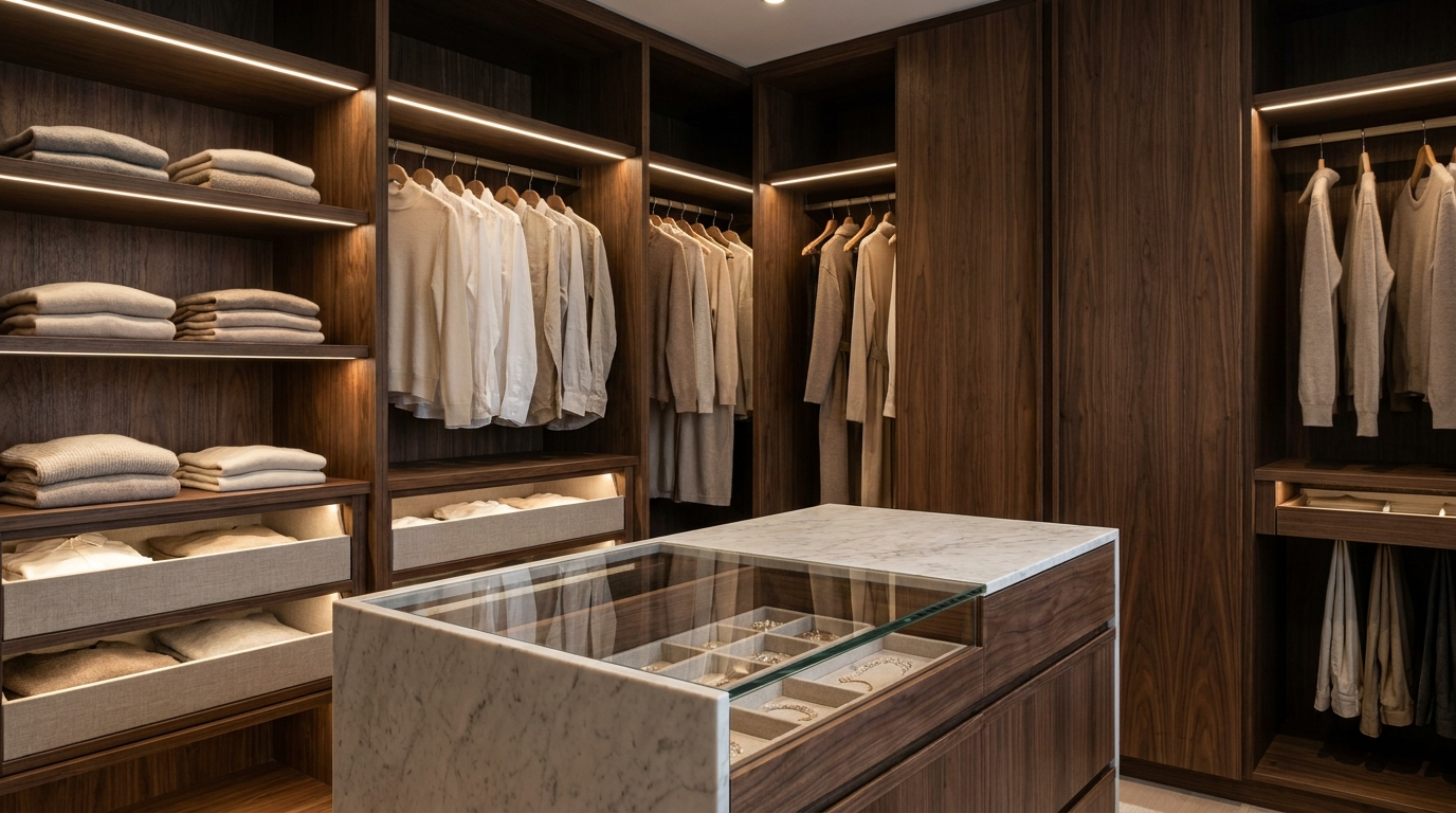Walk-in dressing room with walnut cabinetry and integrated lighting