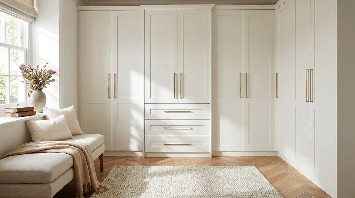 Walk-in wardrobe with integrated lighting and tailored storage
