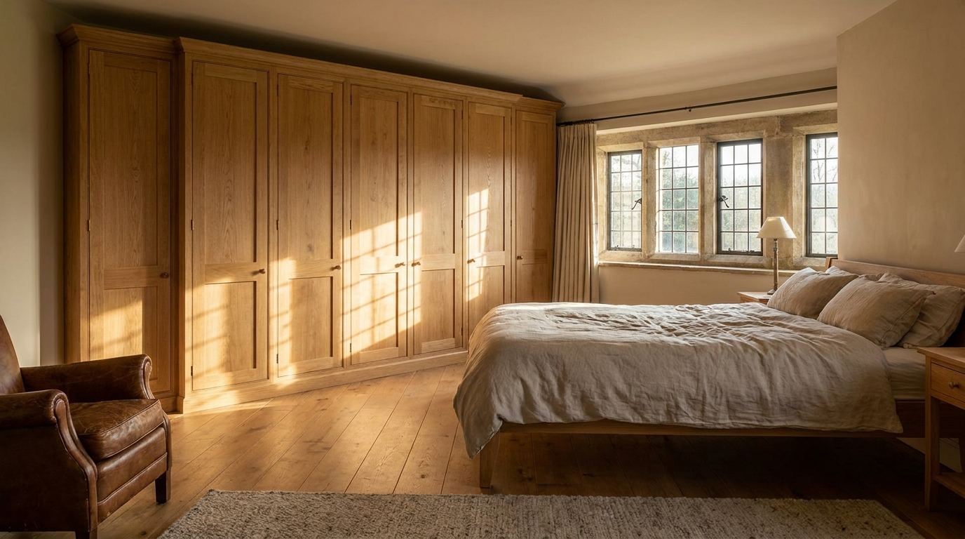 Handmade oak fitted wardrobe in a period bedroom