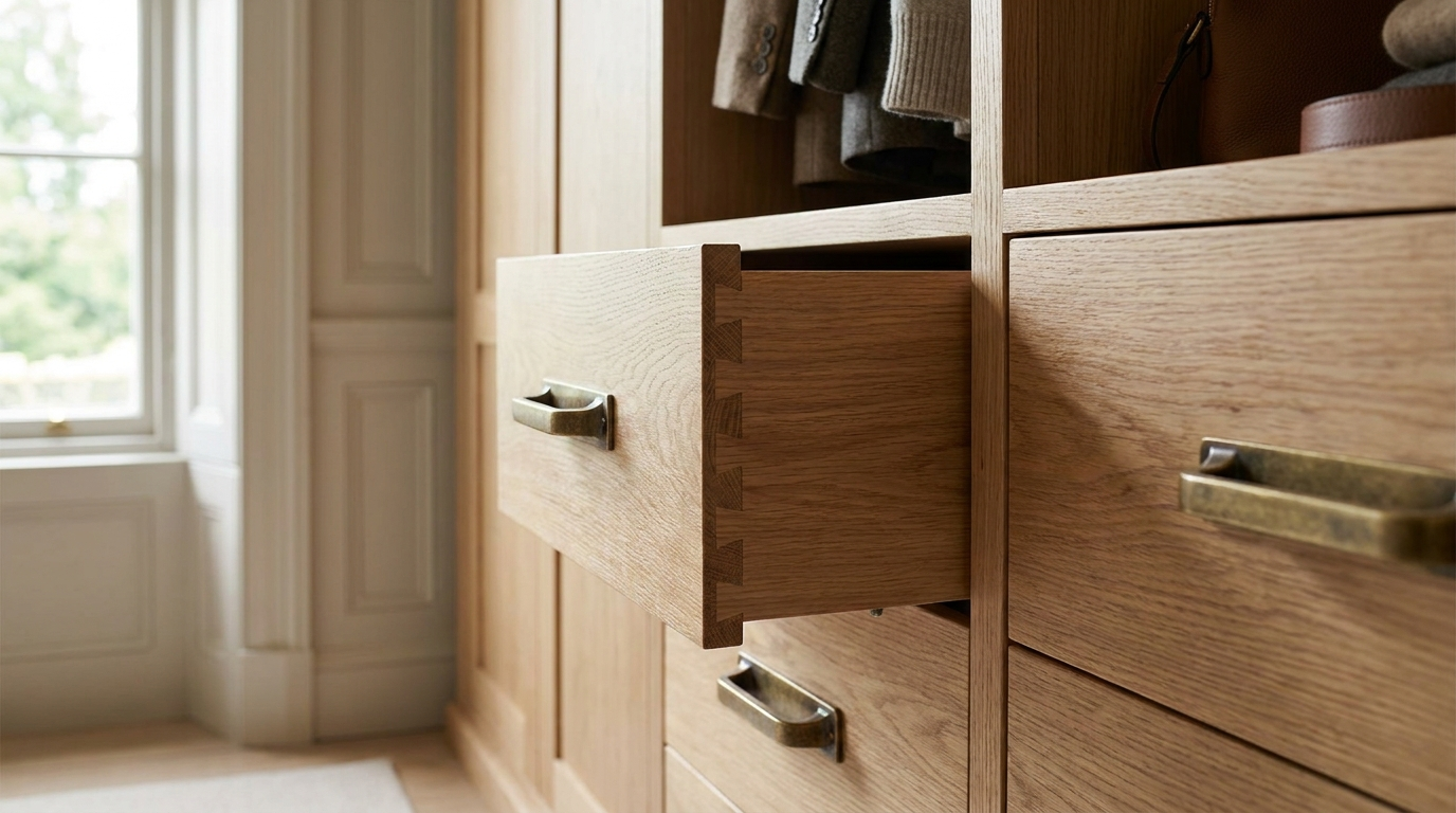 Solid oak wardrobe interior with dovetail drawers