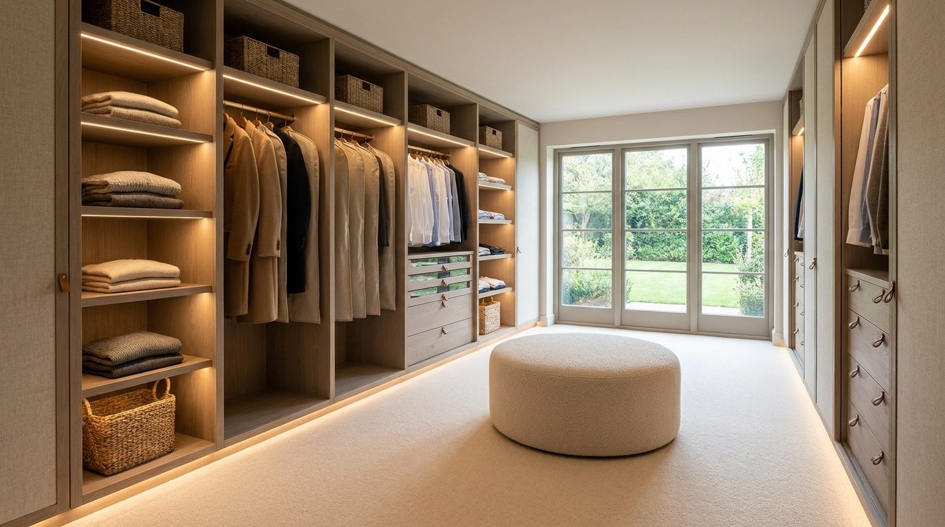 Walk-in wardrobe with central island and hanging zones