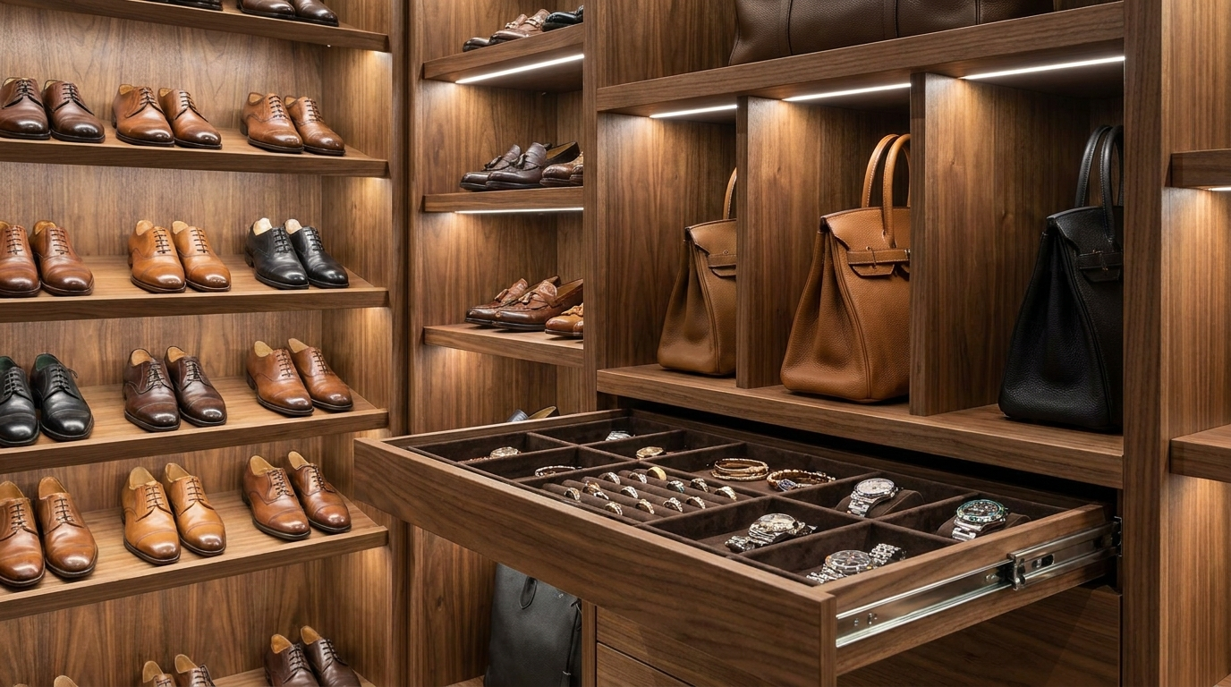 Shoe storage and accessory drawers in a walk-in wardrobe