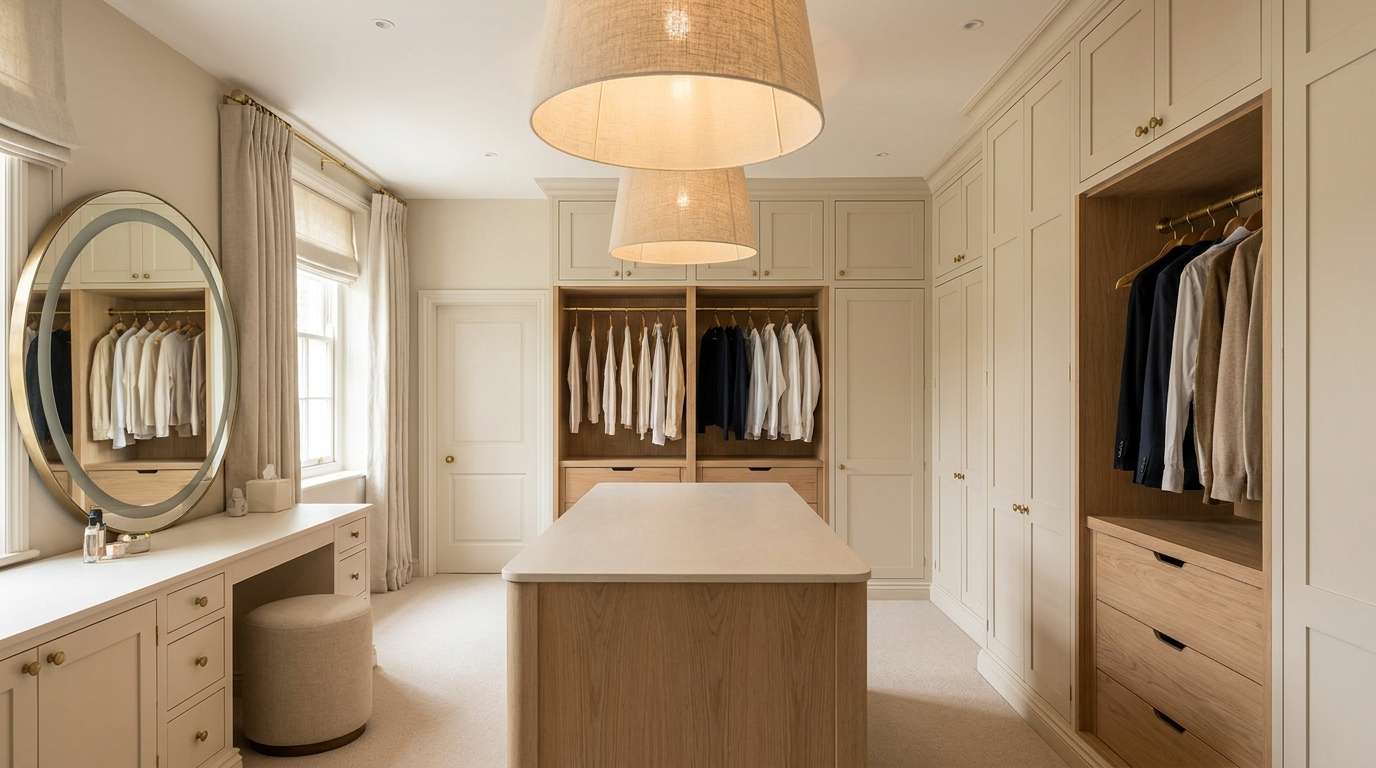Bespoke dressing room with vanity and fitted cabinetry