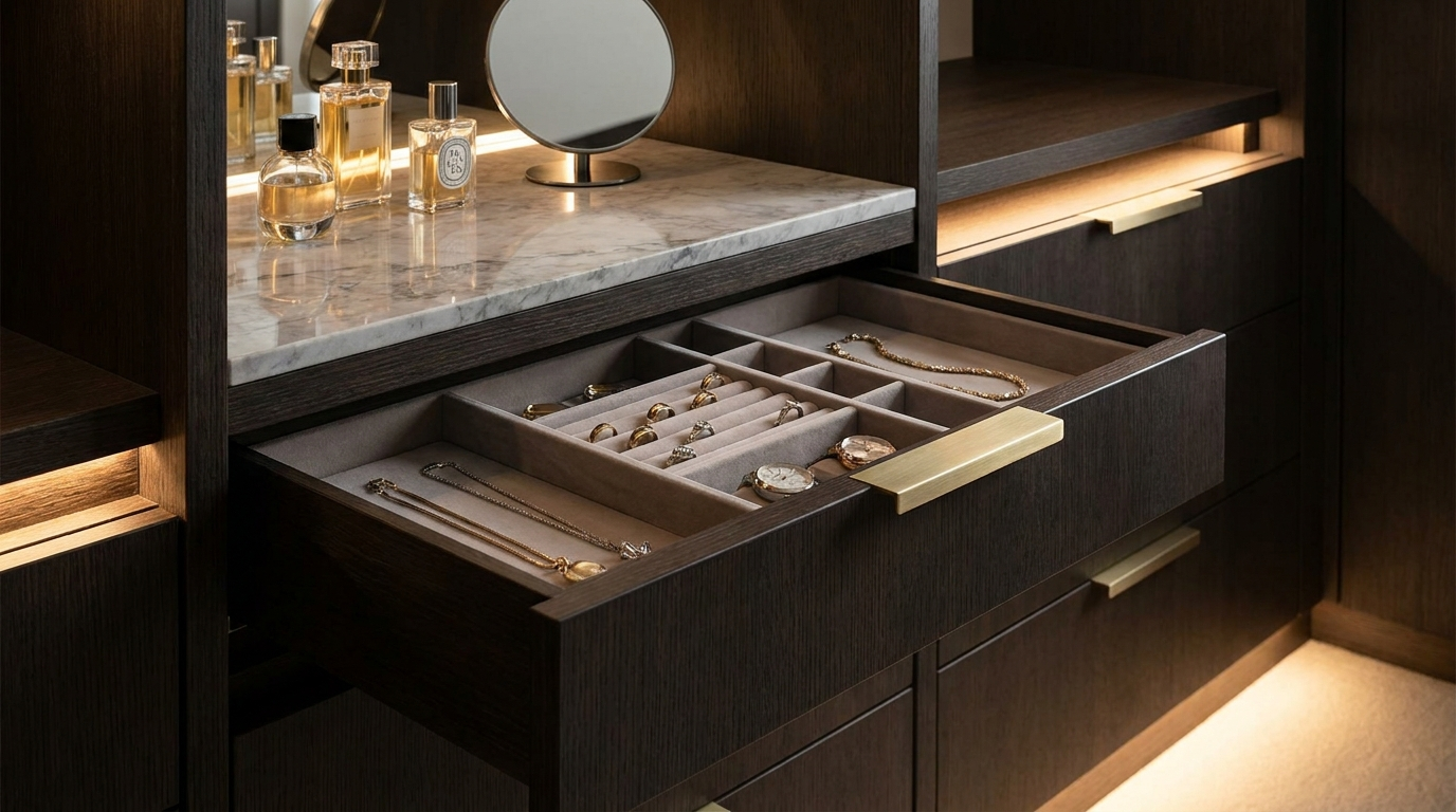 Dressing room interior with hanging rails and drawers