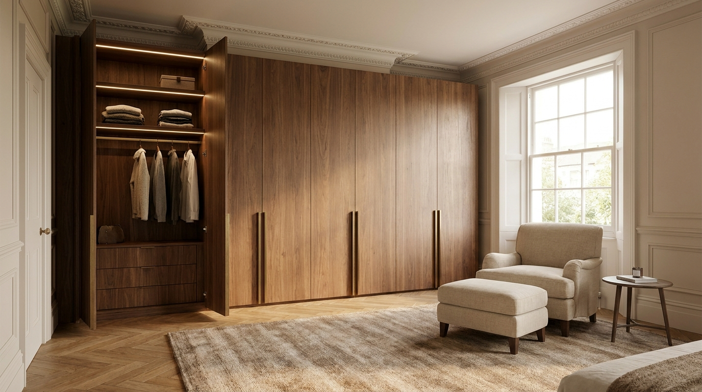 Walnut fitted wardrobe with flush doors in a period bedroom