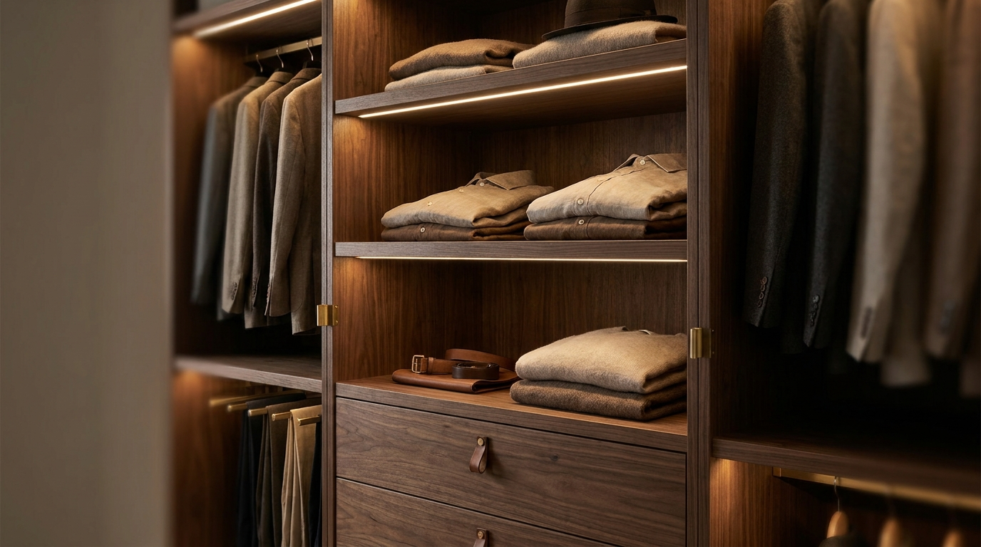 Interior wardrobe layout with hanging rails and drawers