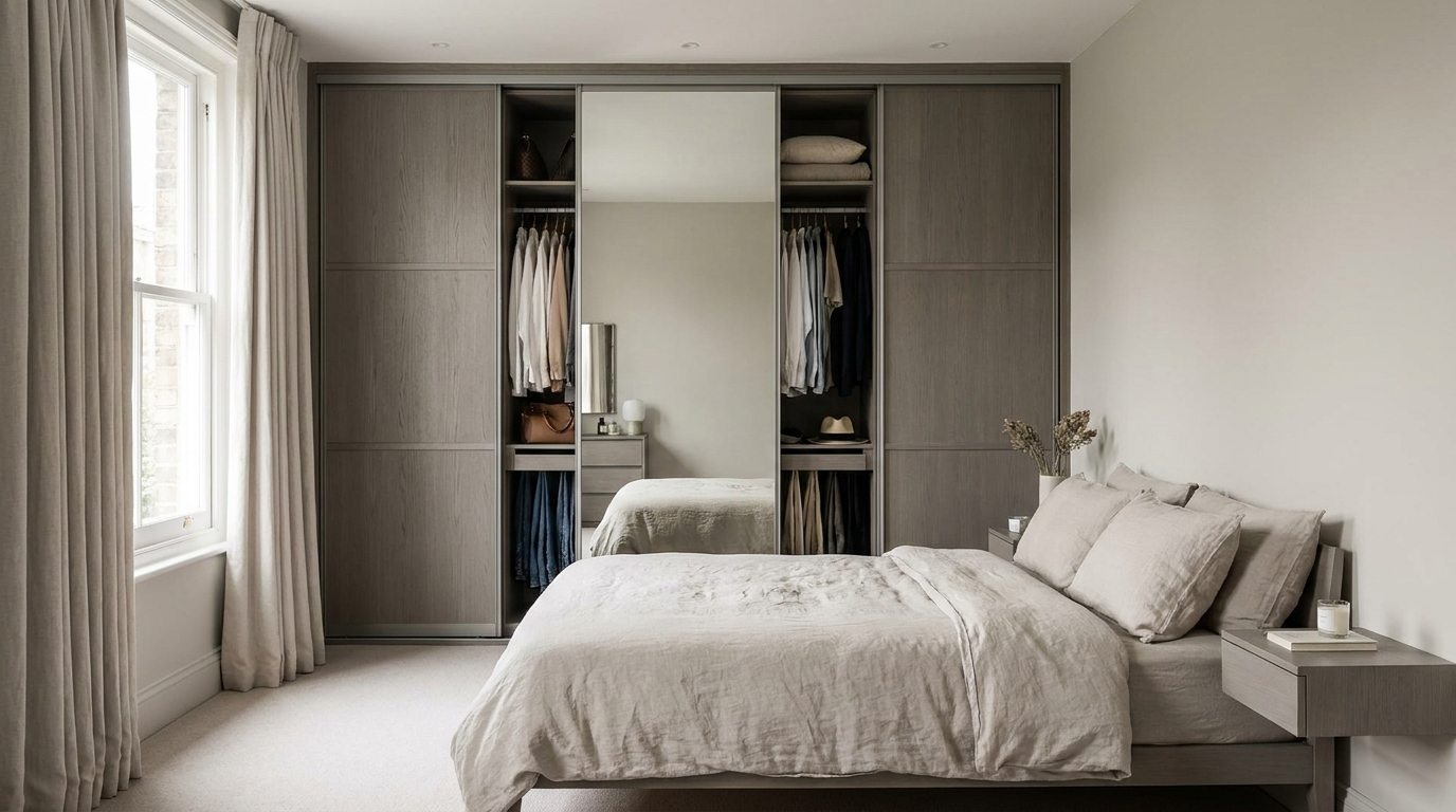 Floor-to-ceiling sliding door wardrobe in a master bedroom